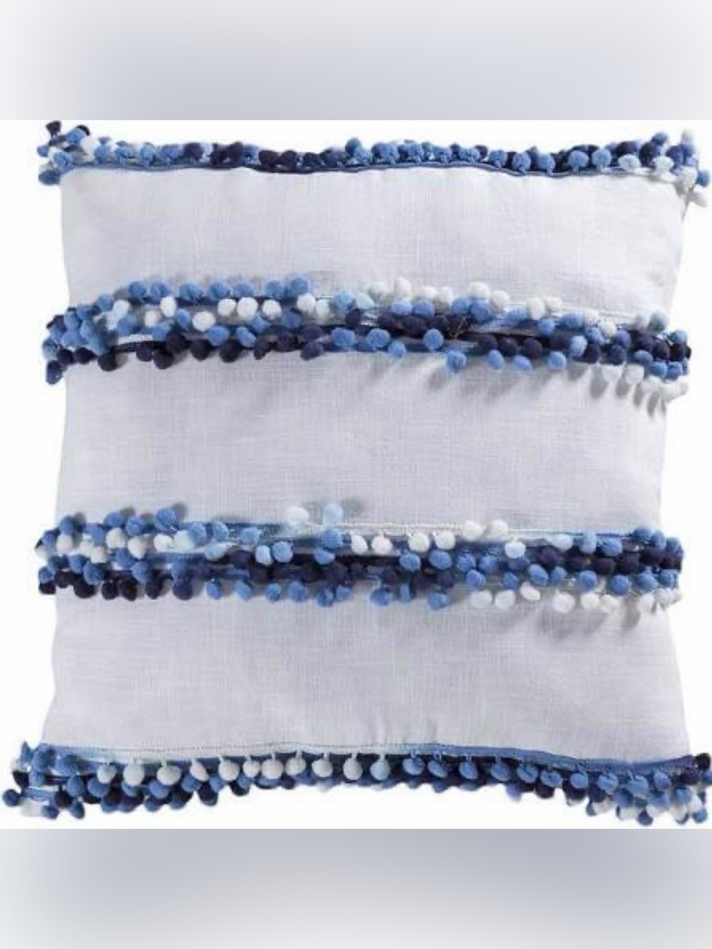 Lockport White Throw Pillow with Blue Pom Pom Stripes down filled. new with tags